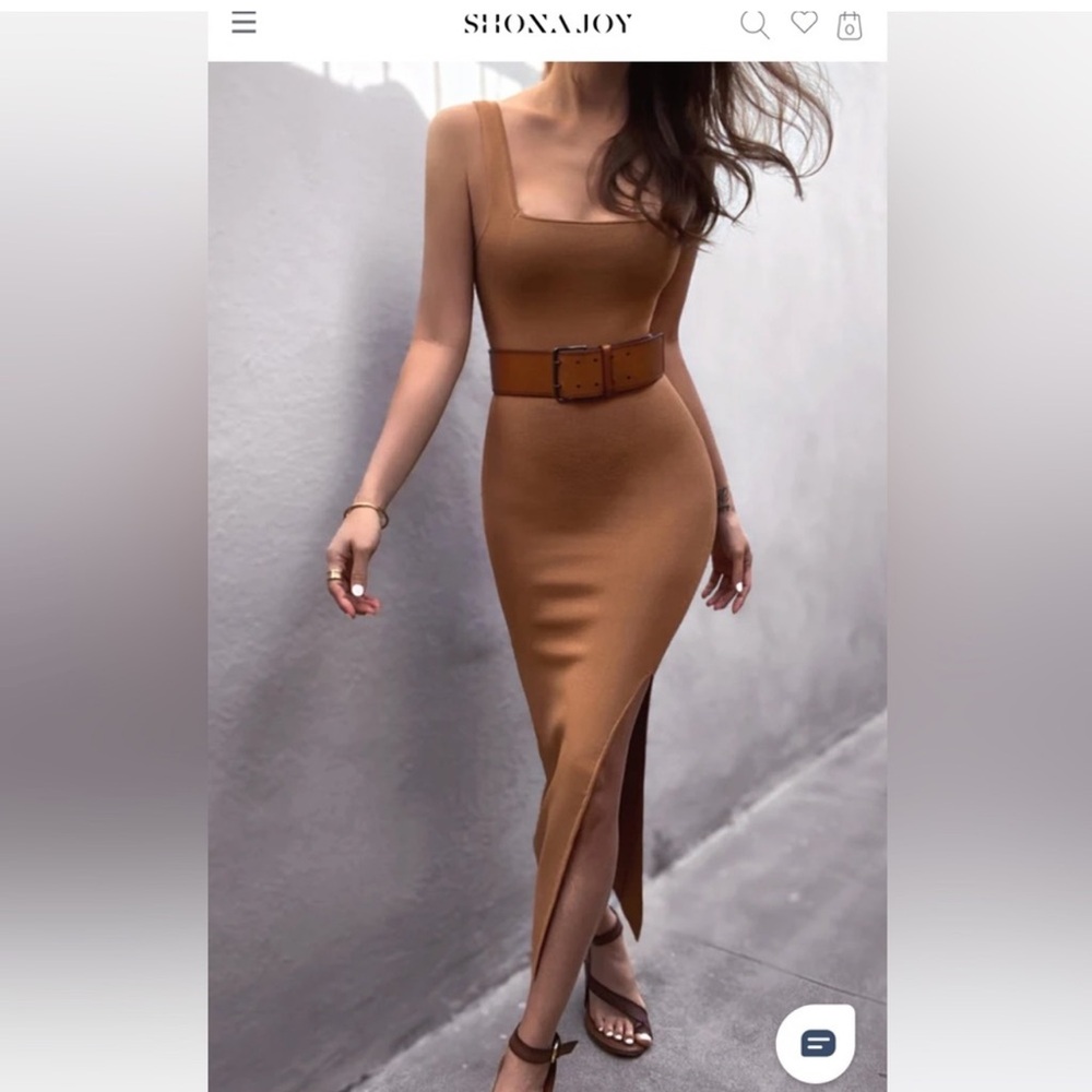 Shona Joy Basic Square Neck Midi Dress camel tan